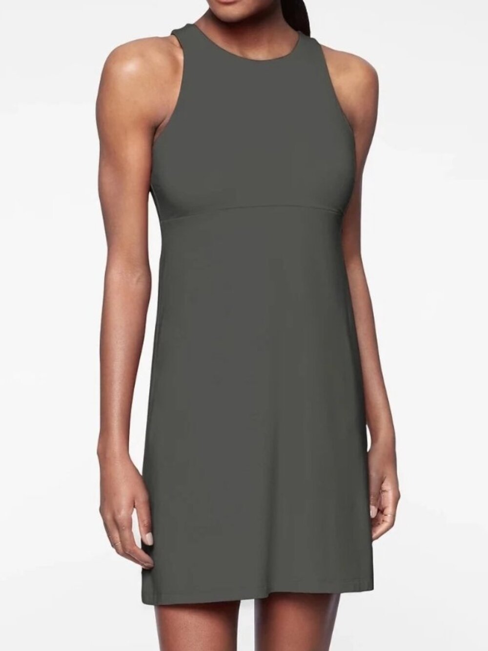 Athleta Santorini Dress Dark Olive Sleeveless Fit & Flare Boatneck Size Medium